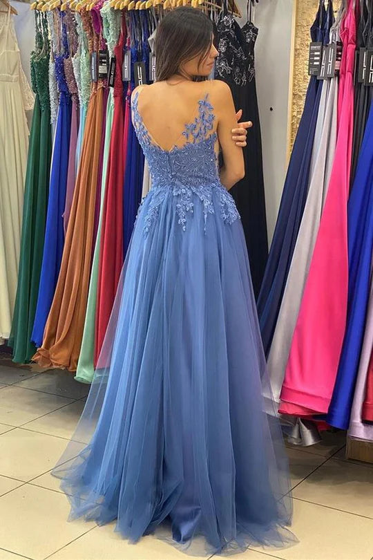 Vestido de fiesta de corte A con apliques de encaje de tul